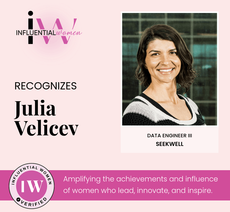 Influential Women recognition certificate for Julia Velicev, Data Engineer III at SeekWell. Amplifying the achievements and influence of women who lead, innovate, and inspire.